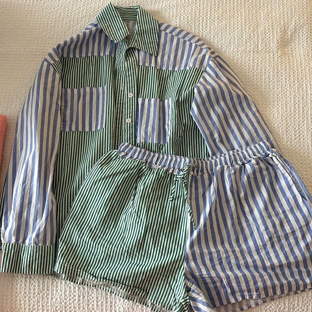 2 piece striped set (button down & shorts)